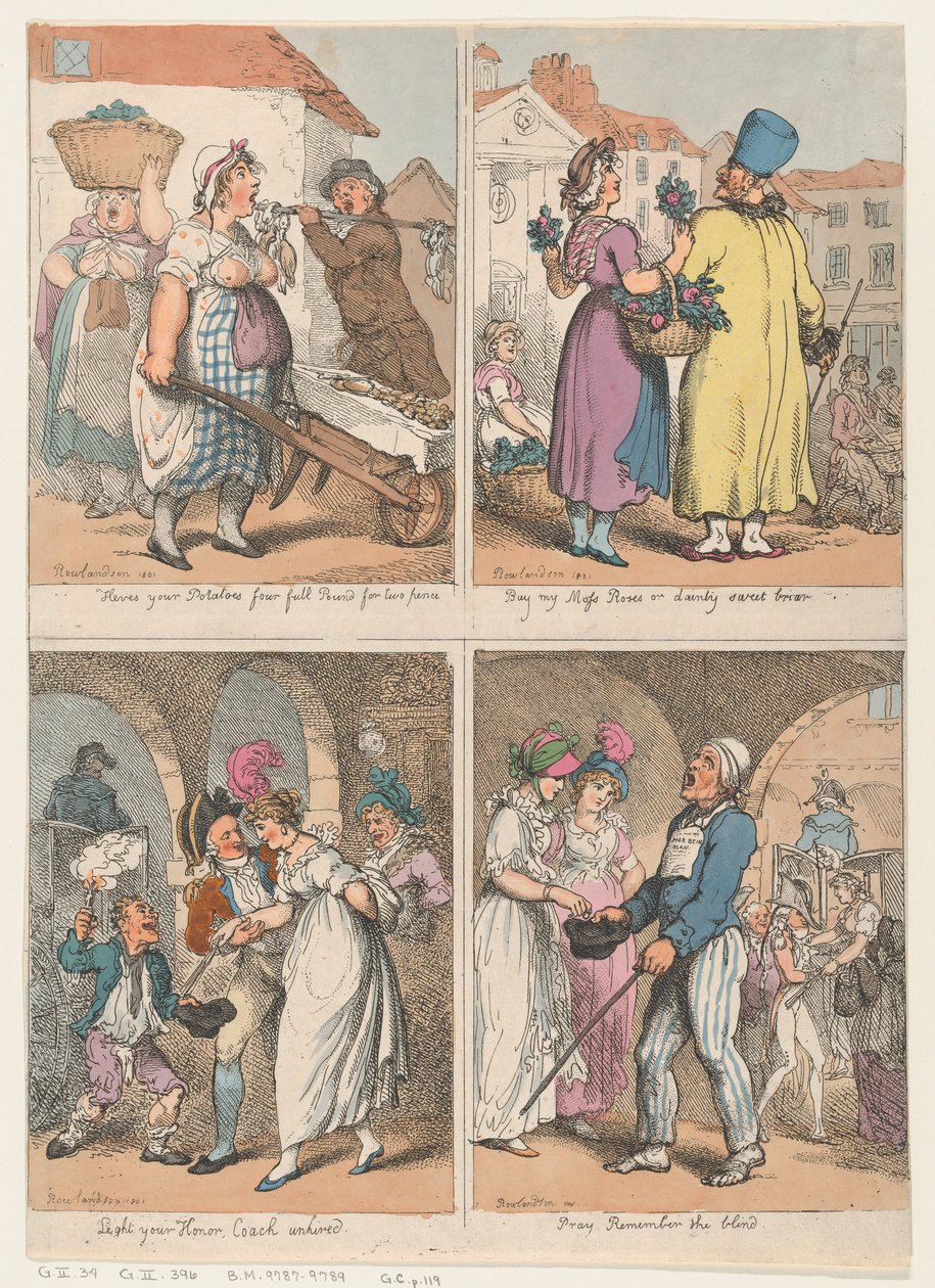 Cries of London Serisinden Dört Sahne: İşte Patatesleriniz..., Yosunumu Satın Al ..., 1 Ağustos 1801. by Thomas Rowlandson