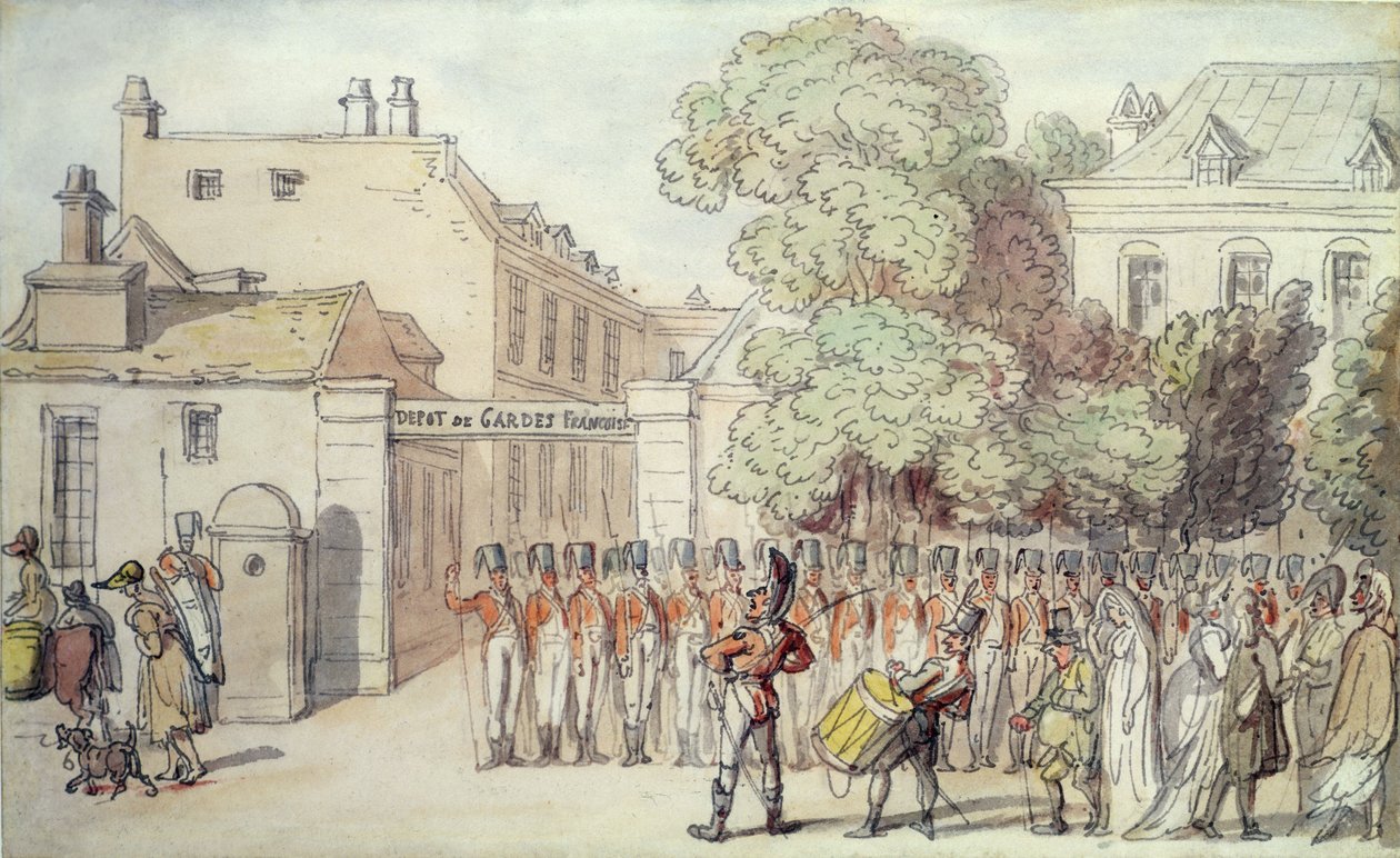 Fransız Askerleri Geçit Töreninde (kalem ve kağıt üzerine sulu boya) by Thomas Rowlandson