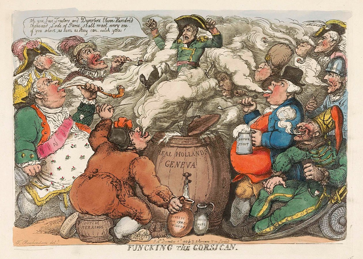 Korsikalıyla dalga geç, bar. 1813 el renkli gravür. by Thomas Rowlandson