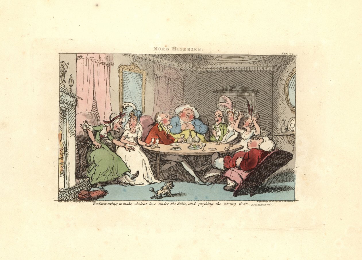 Beyefendi masada bir güzelle ayak oyunu oynamaya çalışıyor. by Thomas Rowlandson