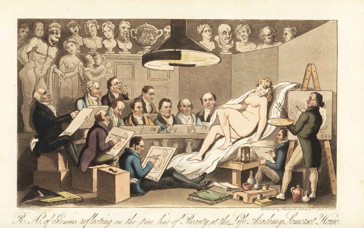 Benjamin West, Thomas Lawrence, Benjamin Haydon, Joseph Farrington, Richard Westall ve Martin Archer Shee gibi Gürcü sanatçılar çıplak bir model çizerken, klasik büstler aşağıya bakıyor. Gerçek Güzellik çizgisini yansıtan Kraliyet Deha Akademisyenleri, by Thomas Rowlandson