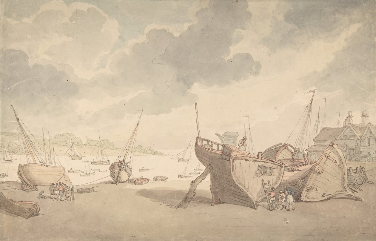 Gelgitin çıktığı liman sahnesi ve kıyıya vurmuş tekneler, 1775-1827. by Thomas Rowlandson