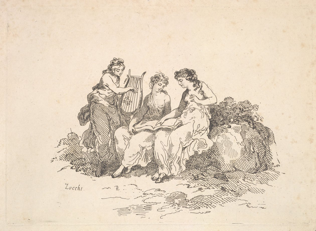 Uyum - Şarkı Söyleyen İki Peri, Lir Çalan Başka Bir Peri, 1784-88. by Thomas Rowlandson