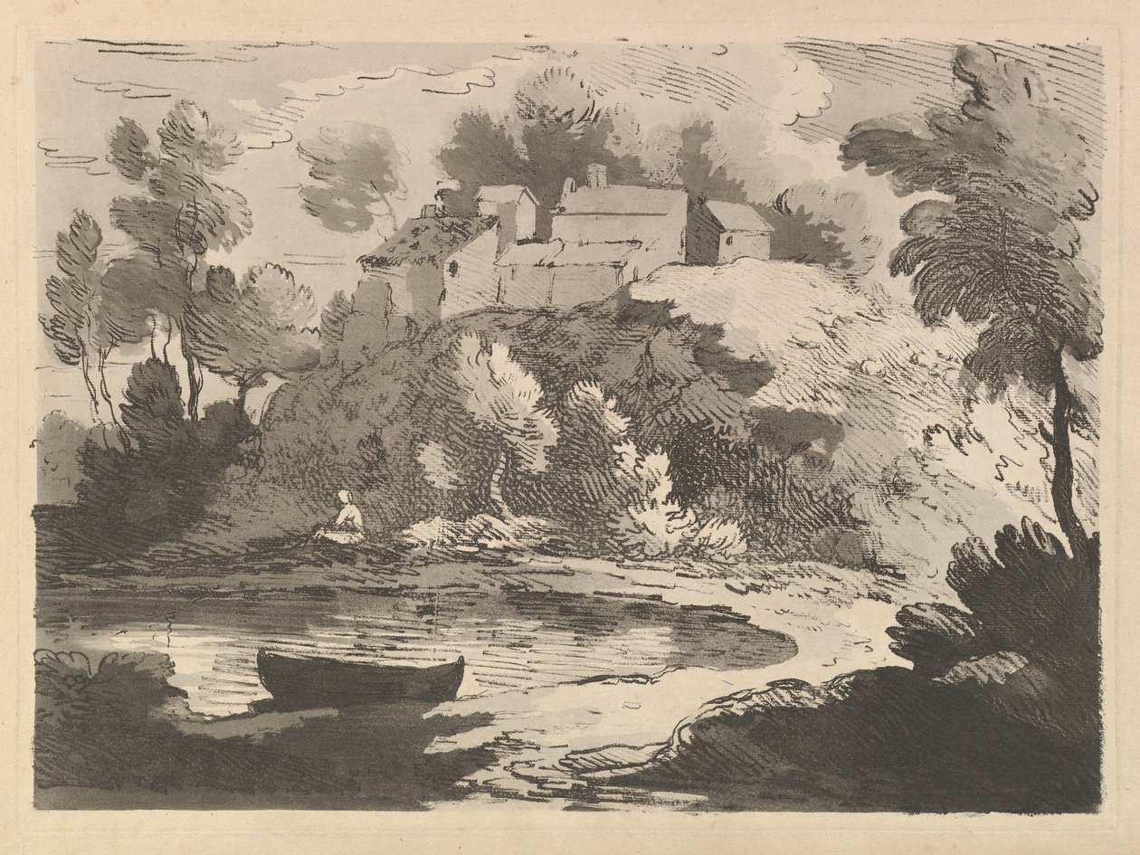 Tepelik Nehir Manzarası, Sol Ön Planda Suda Bir Tekne, Uzak Kıyıda Bir Figür..., 1783-84. by Thomas Rowlandson