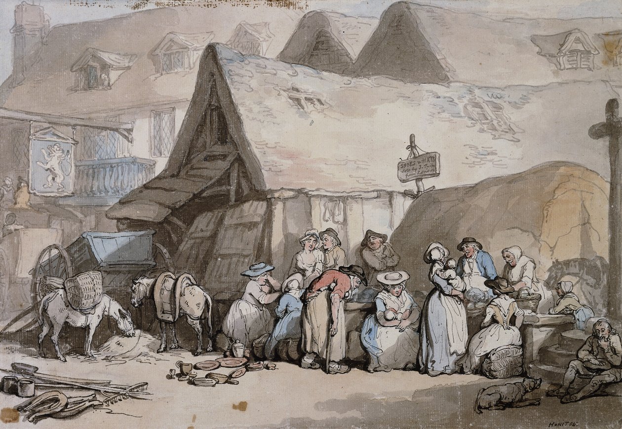 Honiton, Devon: Lion Inn Dışında Satılık Ayakkabı ve Şapkalar, by Thomas Rowlandson