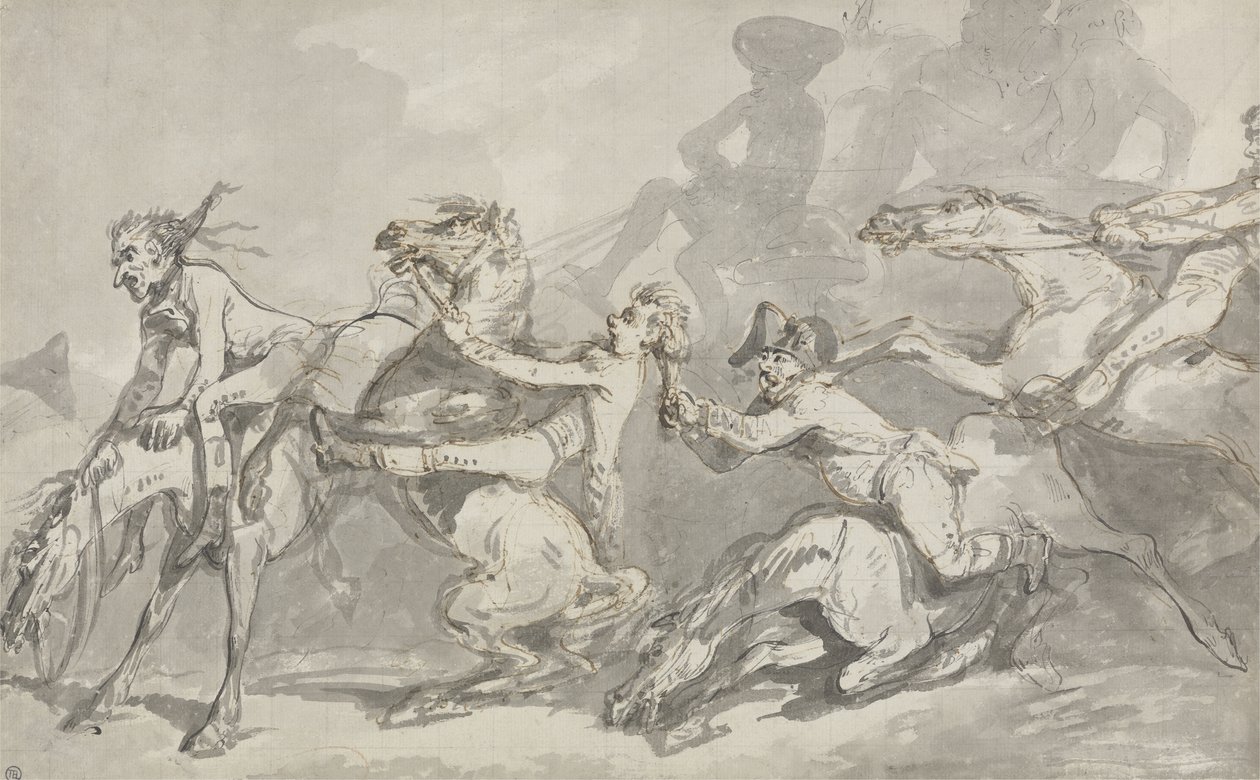 Horsemen Colliding, c.1785-90 (kağıt üzerinde kahverengi lekeli kalem ve mürekkep) by Thomas Rowlandson