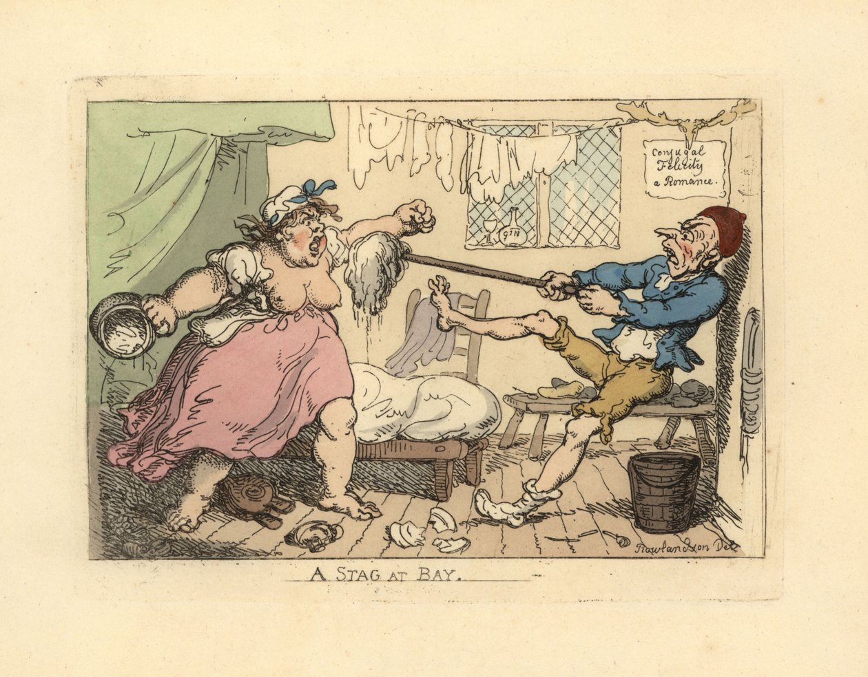 Koca, kızgın karısını paspasla tutuyor. by Thomas Rowlandson