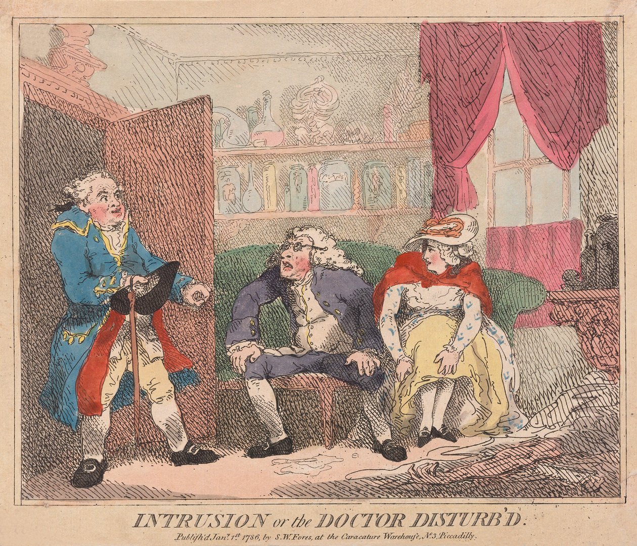 İzinsiz giriş veya Doctor Disturbd, pub. 1786 (el renkli gravür) by Thomas Rowlandson
