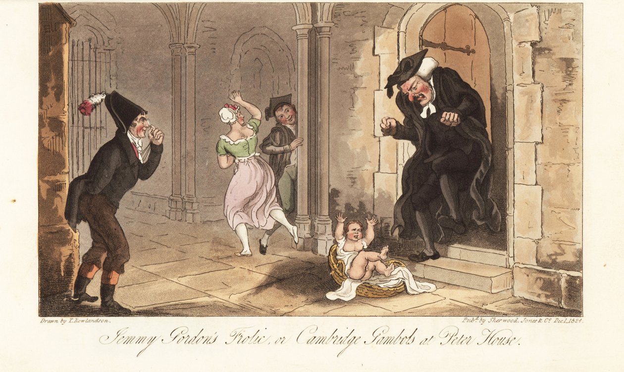 Ünlü bir Cambridge sarhoşu olan James Gordon, bir kolej dekanının evinin önüne şaka olarak bir bebek bırakıyor. Jemmy Gordon's Frolic veya Peter House'daki Cambridge Gambols. The English Spy'dan Thomas Rowlandson tarafından çizilmiş ve oyulmuş, by Thomas Rowlandson
