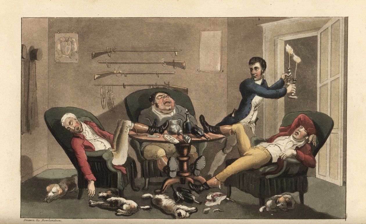 Johnny bir spor finalinde: Şamdanlı Johnny, boş şarap şişeleri ve uyuyan köpeklerle yemek odasında üç sarhoş avcıyı uykuda bırakır. Thomas Rowlandson tarafından William Combe