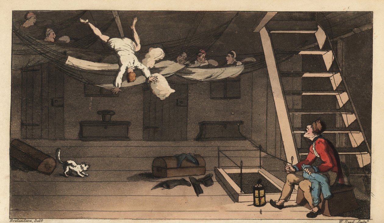 Johnny kulübesindeki hamaktan düşer. W. tarafından elle boyanmış bakır levha gravürü, Alfred Burton