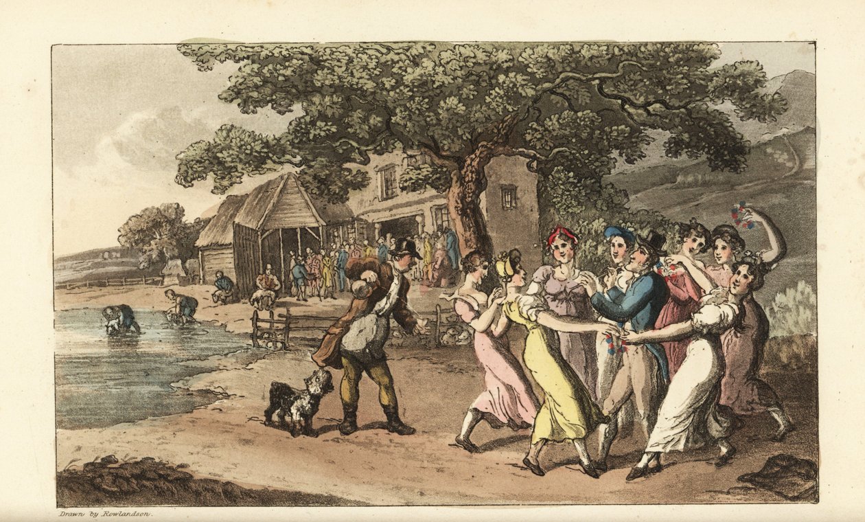 Johnny bir koyun kırkma festivalinde flüt çalıyor, etrafı dans eden taşra kızlarıyla çevrili. Çobanlar bir ahırda koyunları kırpar ve onları bir havuzda yıkar. William Combe'un The History of Johnny Quae Gen'inden Thomas Rowlandson tarafından elle  by Thomas Rowlandson