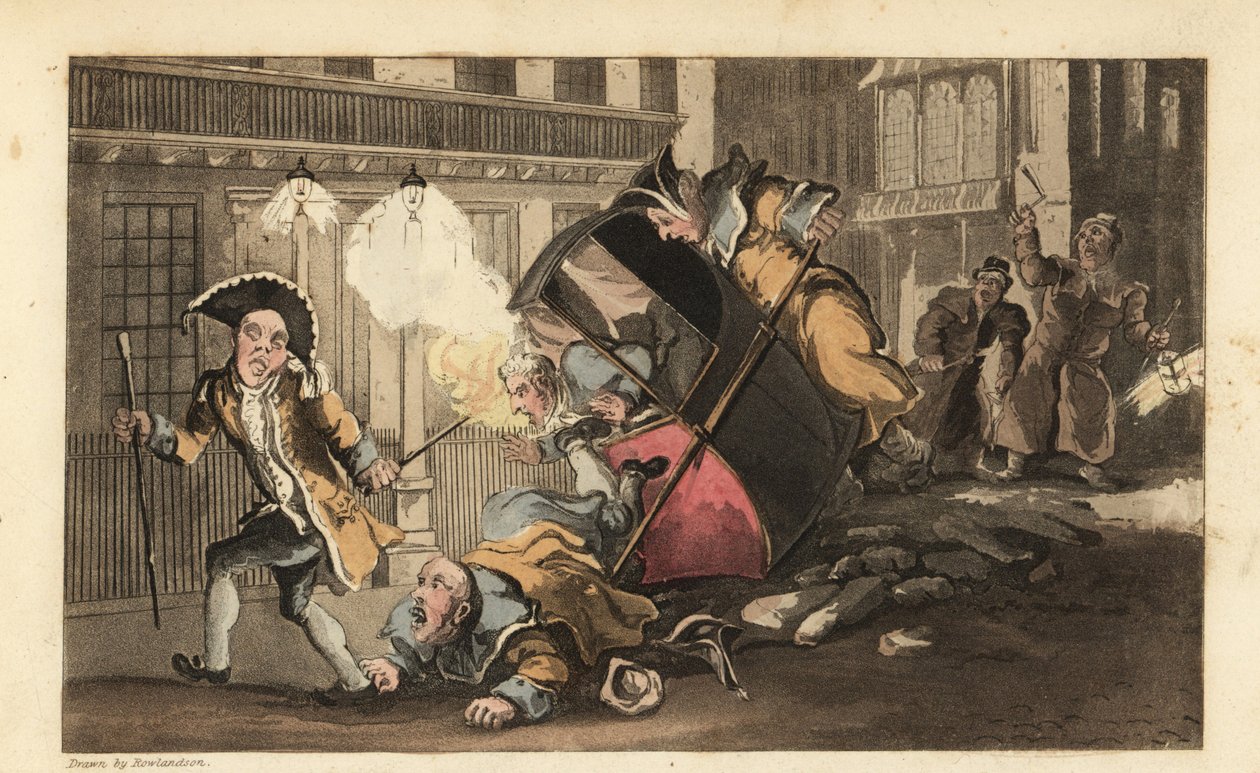 Kapıcılar sokakta bir taş yığınına çarptığında Johnny sedan sandalyeden fırladı. Fenerli ve çıngıraklı Gece Bekçileri gelir. Thomas Rowlandson tarafından William Combe