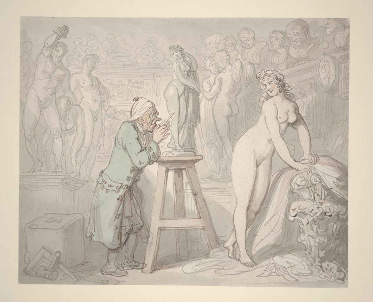 Joseph Nollekens, Stüdyosunda, c.1810 (kalem, mürekkep ve kağıt üzerine sulu boya) by Thomas Rowlandson