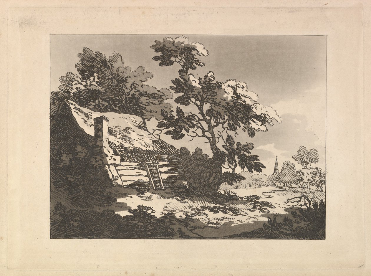 Solda Ağaçlar Arasında Kulübe ve Sağda Uzak Kilise Kuleli Manzara, 1783-84. by Thomas Rowlandson