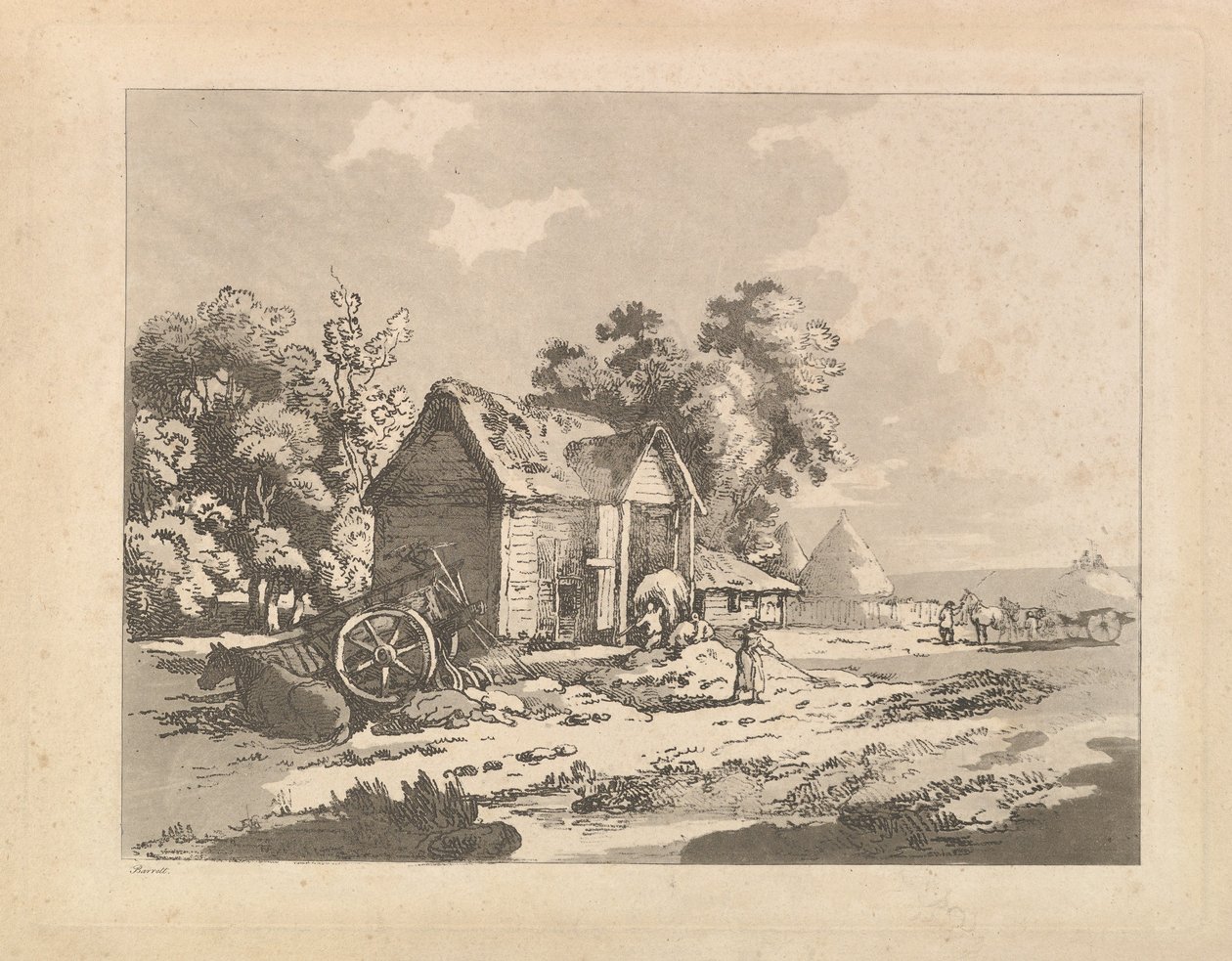 Ahırda Saman, Araba ve Solda Yatan At Saklayan Figürlü Manzara, 1783-84. by Thomas Rowlandson