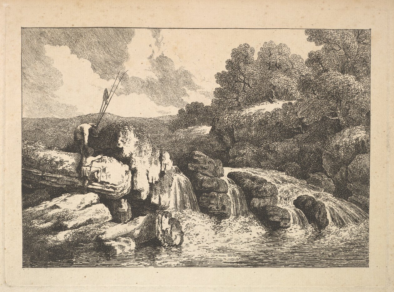 Şelalenin Yanında Kayalara Tırmanan İki Balıkçı ile Manzara, 1784-88. by Thomas Rowlandson