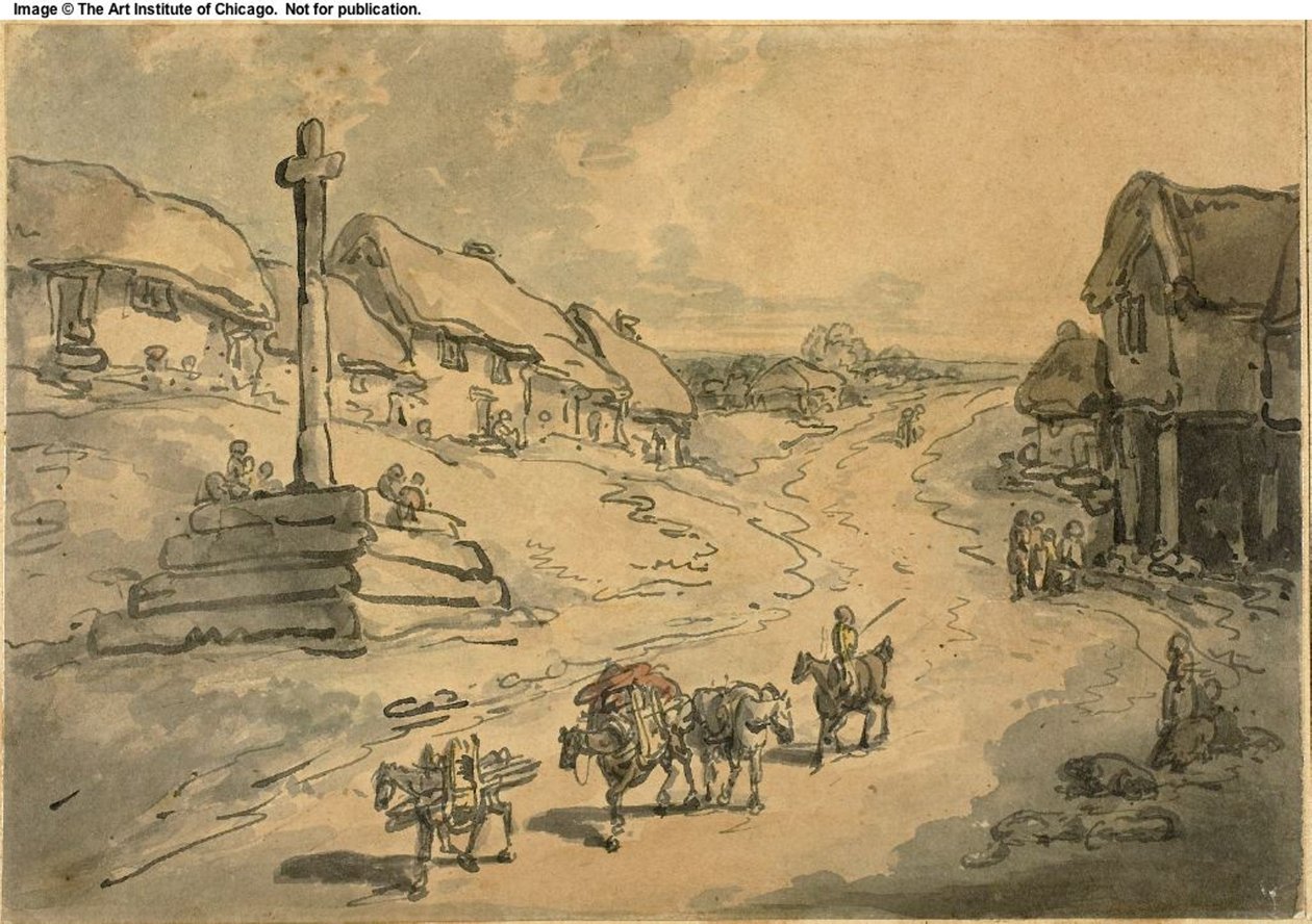 Wayside Cross ve Kulübeler ile Manzara by Thomas Rowlandson