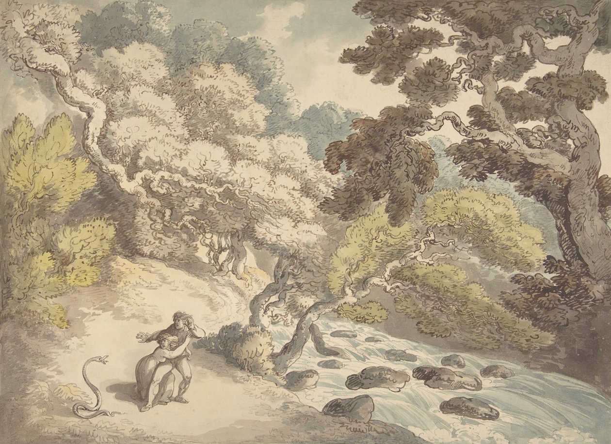Akan dere ile manzara ve kıyıda bir çift, bir yılandan korkmuş, 1775-1827. by Thomas Rowlandson
