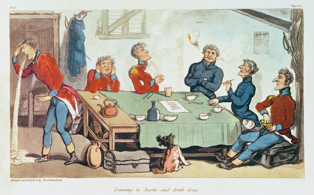 Sigara İçmeyi ve Grog İçmeyi Öğrenmek. 1815 by Thomas Rowlandson