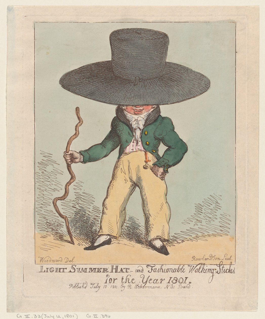 1801, 10 Temmuz 1801., 10 Temmuz 1801 Yılı için Hafif Yaz Şapkası ve Modaya Uygun Bastonlar. by Thomas Rowlandson