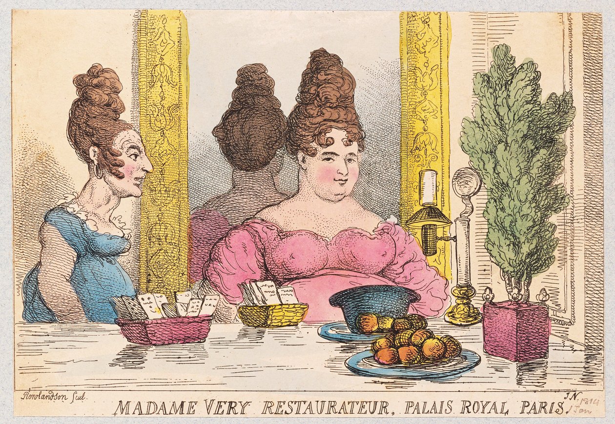 Madame Very, Lokantacı, Palais Royal, Paris, pub. 1814 (el renkli gravür) by Thomas Rowlandson