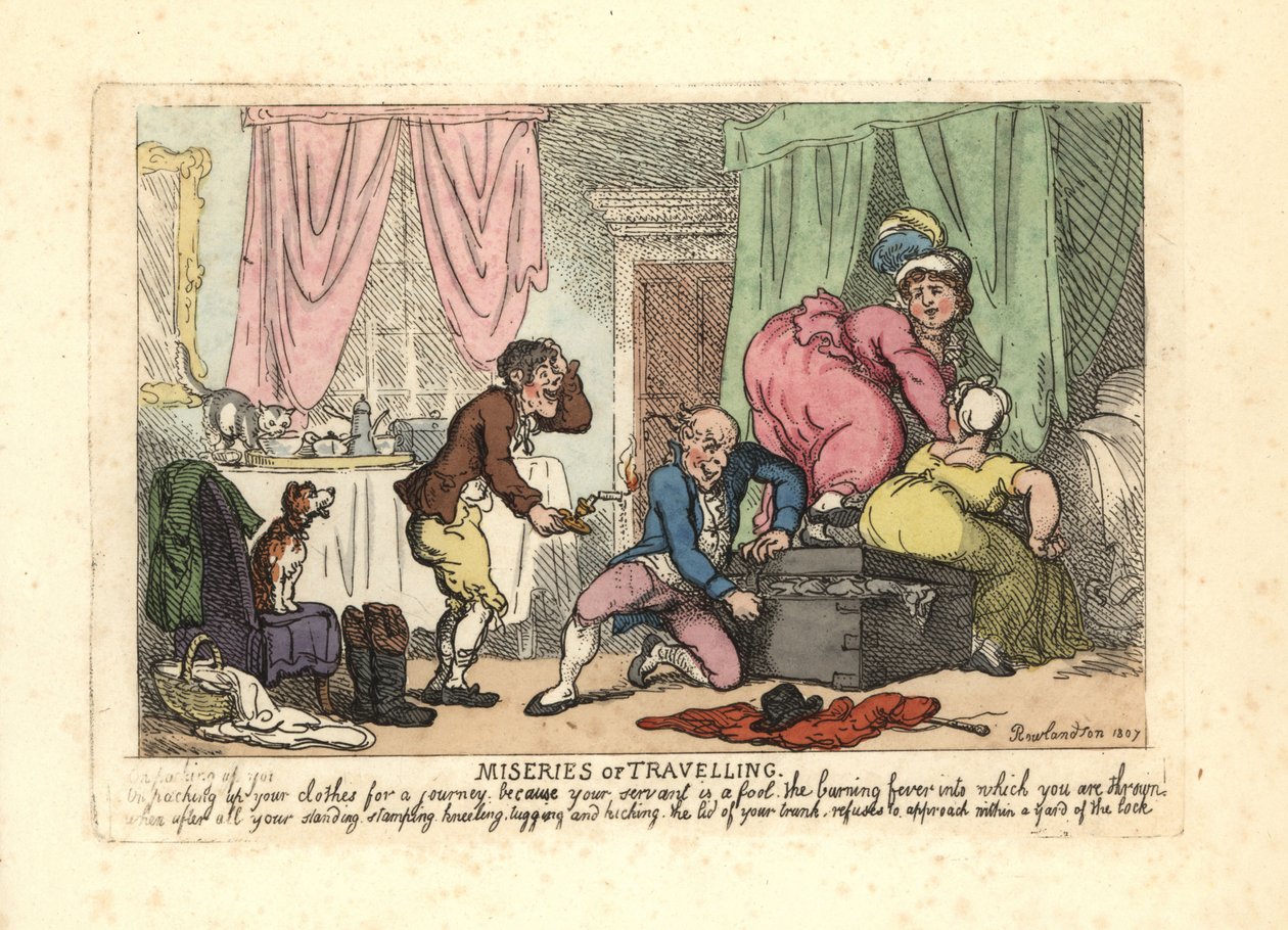 Adam ve iki kadın dolu bir bagajı kapatamıyor. by Thomas Rowlandson