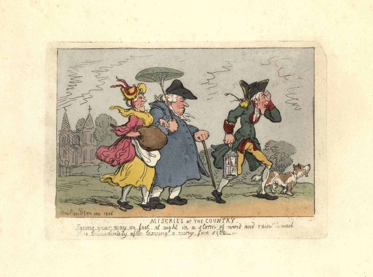 Kadın ve erkek kırsalda bir gece fırtınasında kayboldu. by Thomas Rowlandson