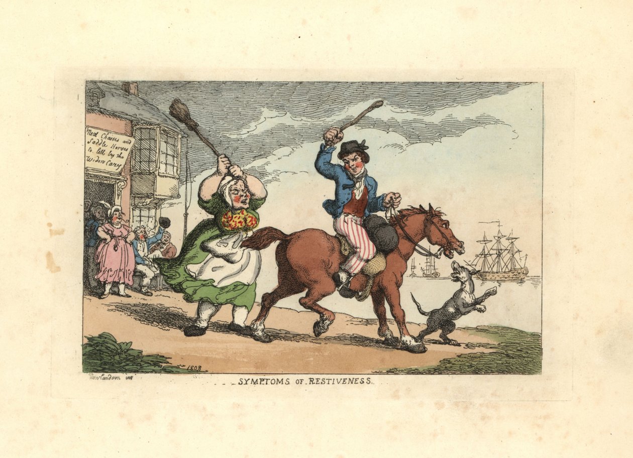 Sahibi Wido iken inatçı bir atı sopayla döven adam by Thomas Rowlandson