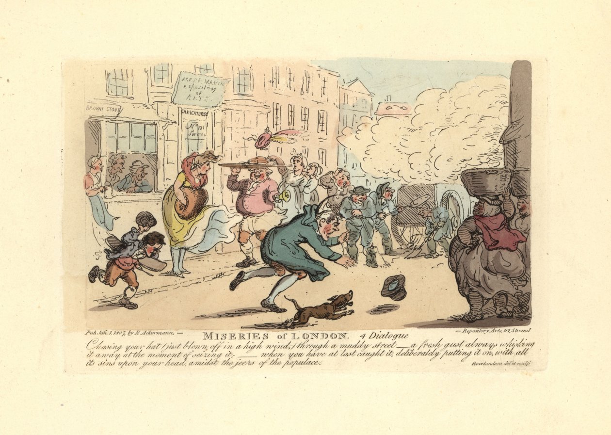 Şiddetli rüzgarda çamurlu bir sokakta şapkasını kovalayan adam. by Thomas Rowlandson