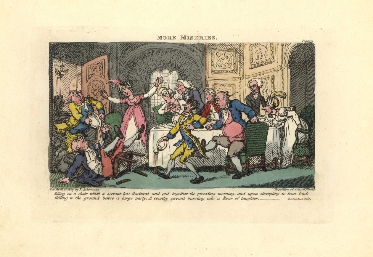 Bir akşam yemeğinde kırık sandalyeden düşen adam. by Thomas Rowlandson
