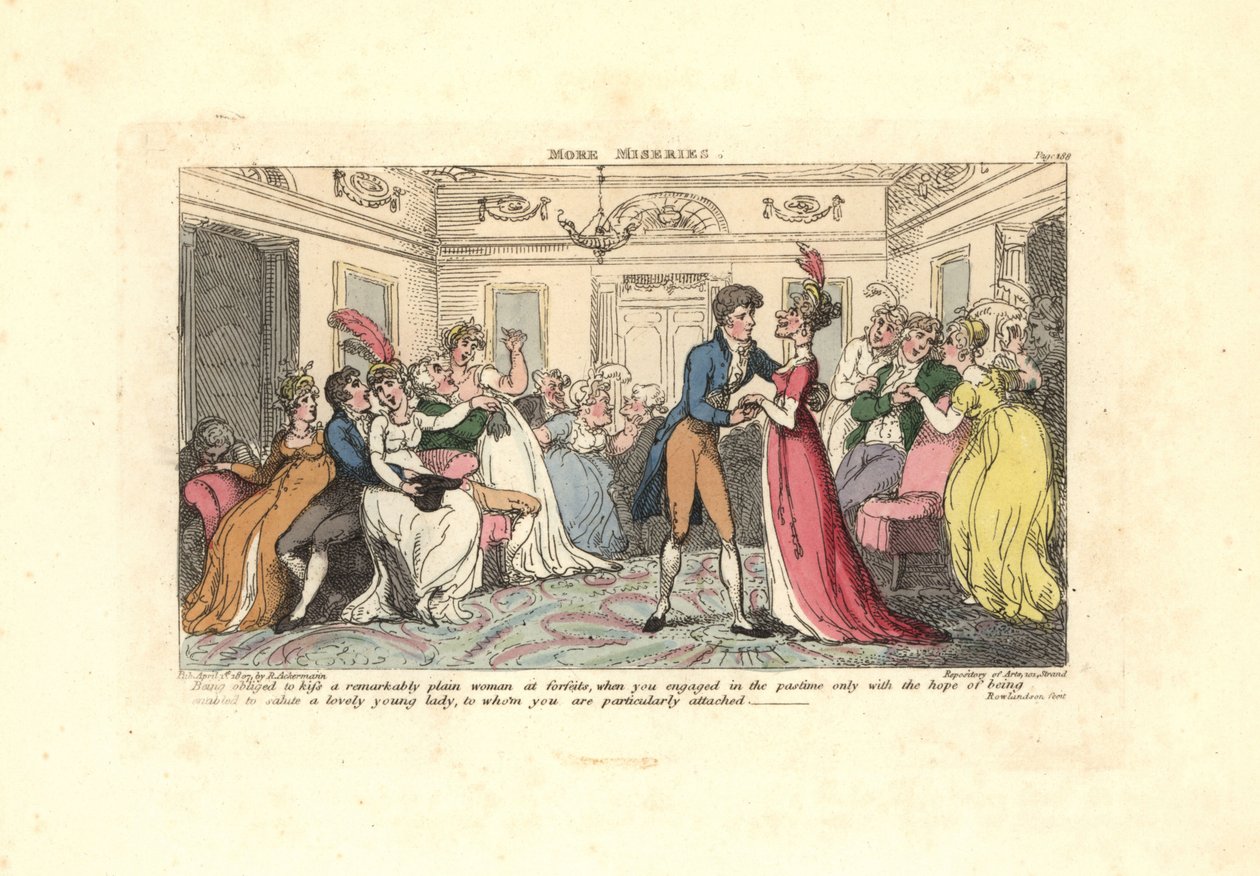 Adam bir dans partisinde çirkin bir kadını öpmek zorunda kaldı. by Thomas Rowlandson