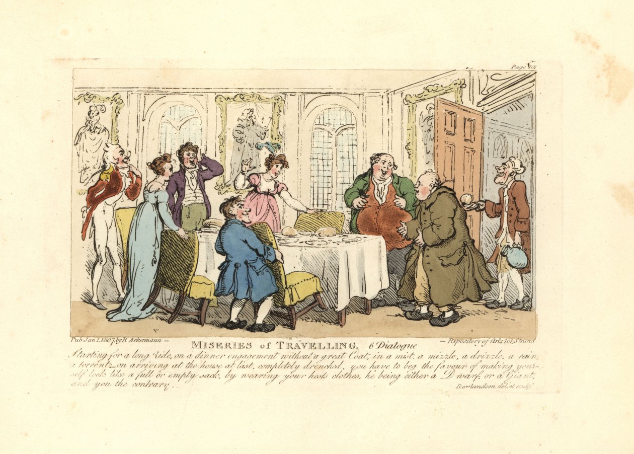 Bir akşam yemeğinde ev sahibinin üzerine uymayan kıyafetlerini giymek zorunda kalan adam by Thomas Rowlandson