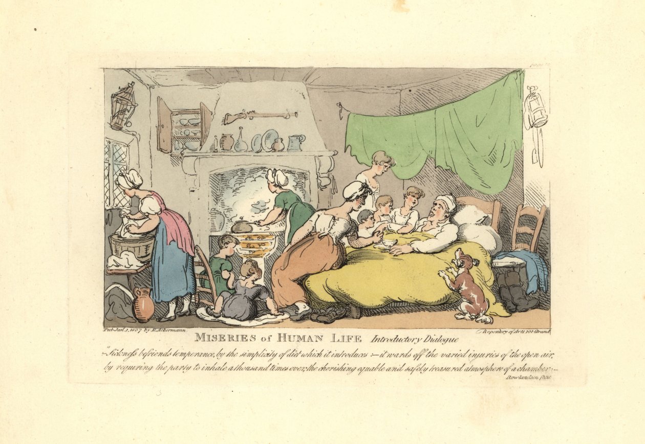 Hasta yatağında, sevgi dolu karısı, çocukları ve mai ile çevrili bir adam. by Thomas Rowlandson