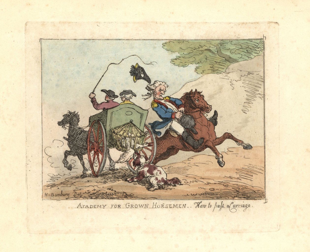 Bir arabanın yanından geçerken bineğinin kontrolünü kaybeden adam. by Thomas Rowlandson