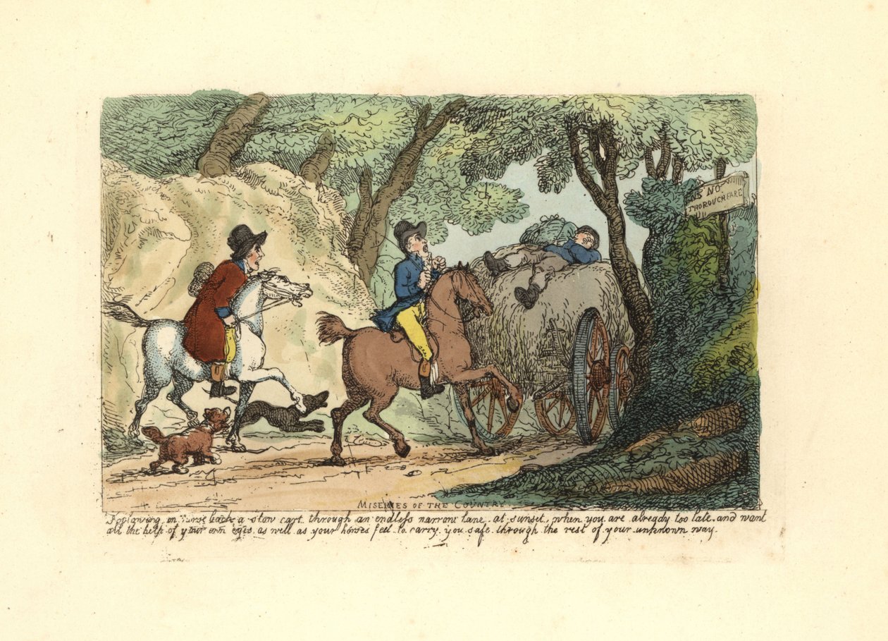 Dar bir şeritte yavaş hareket eden bir arabanın arkasında at sırtında adam. by Thomas Rowlandson