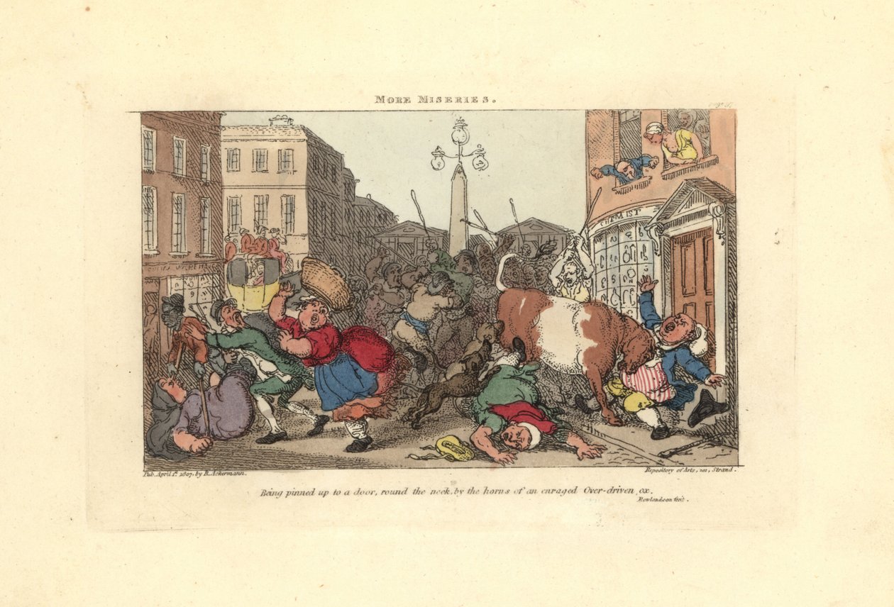 Öfkeli bir öküzün boynuzları tarafından bir kapıya sabitlenmiş adam. by Thomas Rowlandson