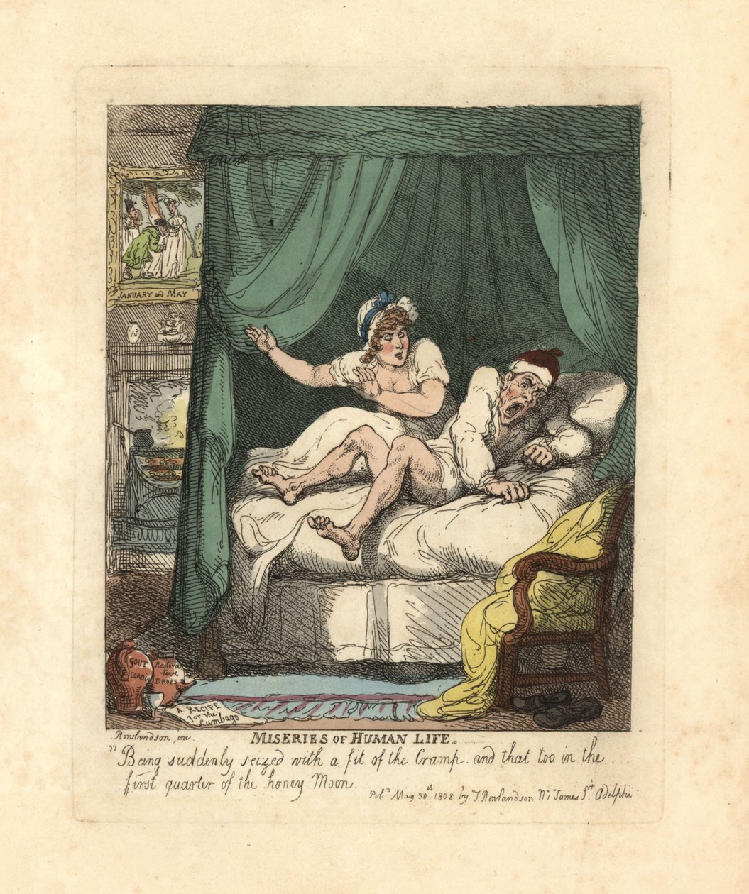 Balayı yatağında bacak krampına yakalanan adam. by Thomas Rowlandson