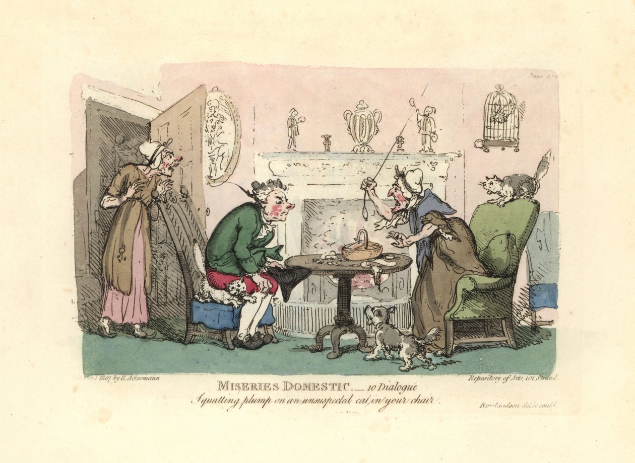 Sandalyesinde ürkmüş bir kedinin üzerine oturan adam. by Thomas Rowlandson
