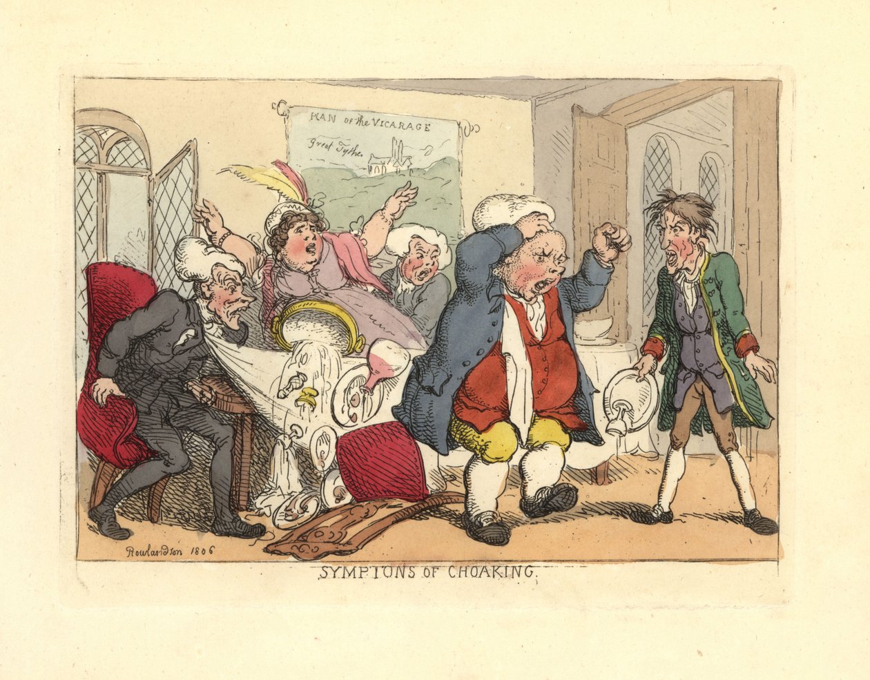 Yemek masasında boğulurken ayakta duran adam. by Thomas Rowlandson