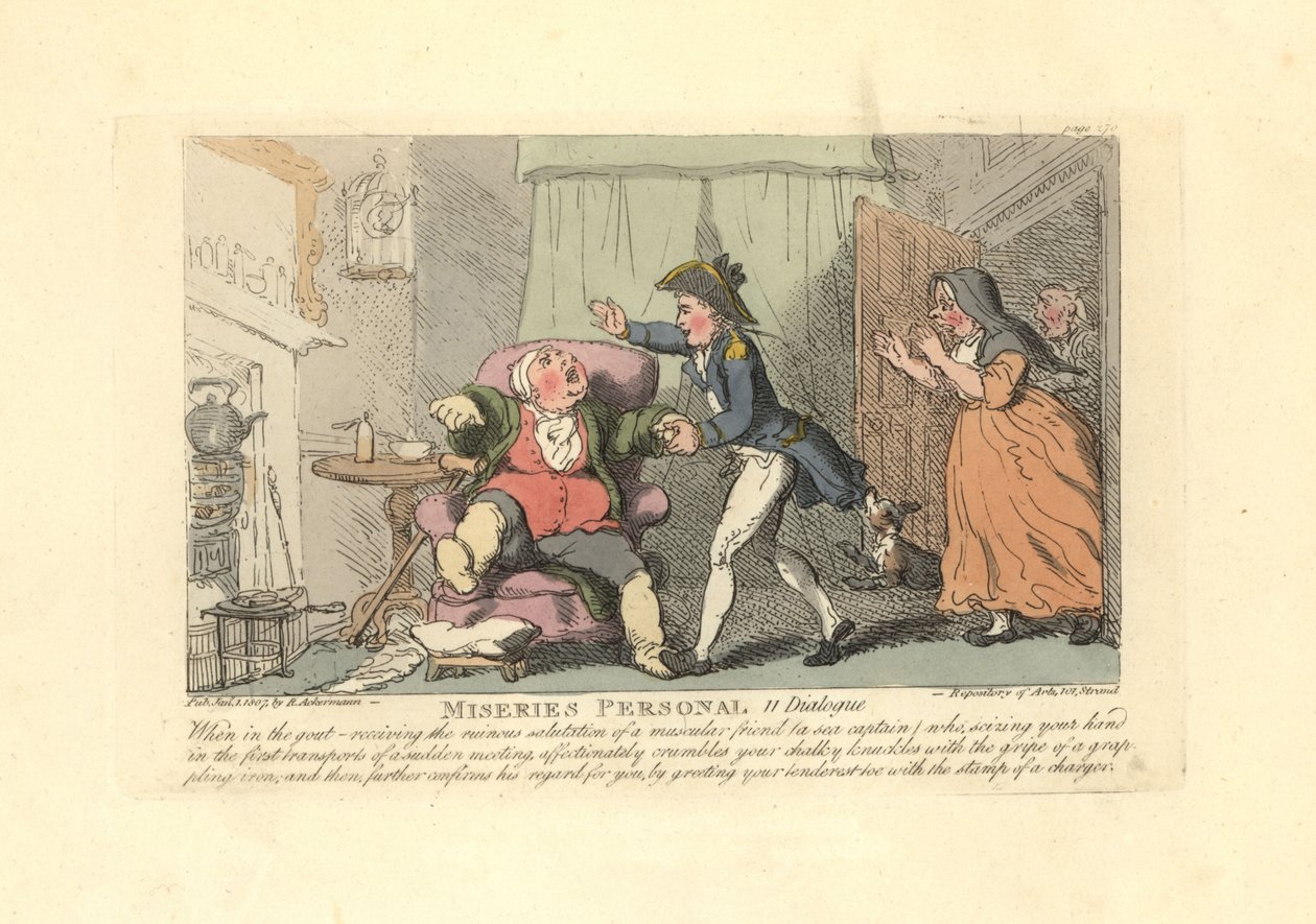 Gut hastası bir adam bir denizci tarafından acıyla karşılandı. by Thomas Rowlandson