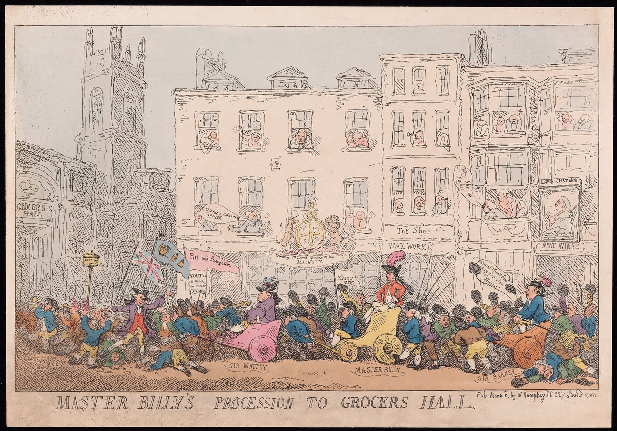 Bakkal Salonuna Usta Billys Alayı, pub. 1784 (el renkli gravür) by Thomas Rowlandson