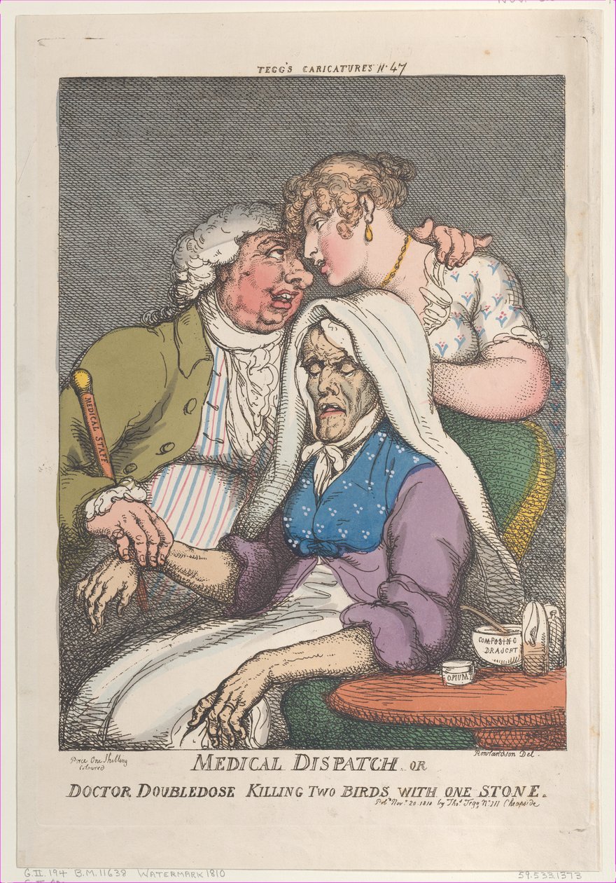 Tıbbi Sevk veya Doktor Çift Dozlu İki Kuşu Bir Taşla Öldürdü, Kasım..., 20 Kasım 1810. by Thomas Rowlandson