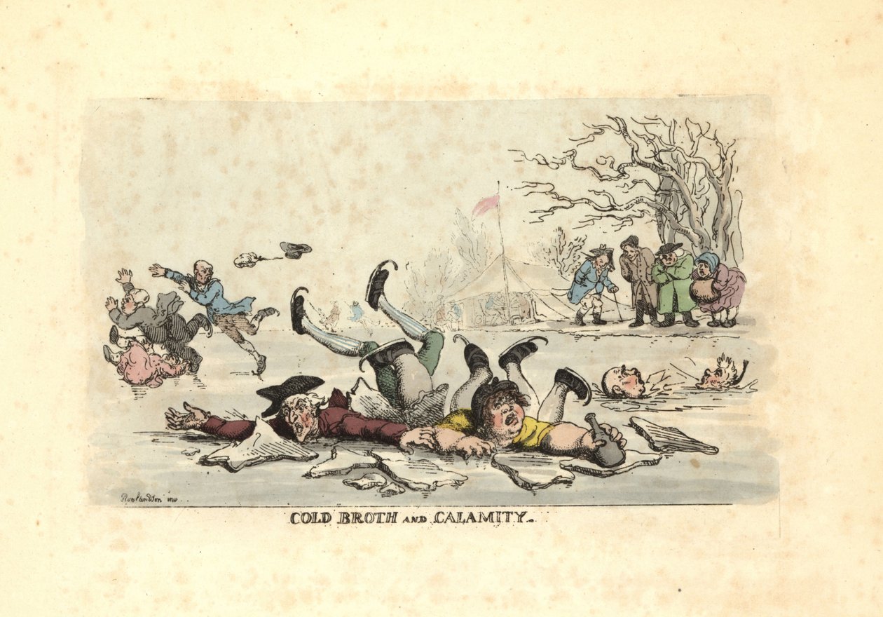 İnce buz üzerinde paten yapan ve dondurucu bir suya düşen kadın ve erkek by Thomas Rowlandson