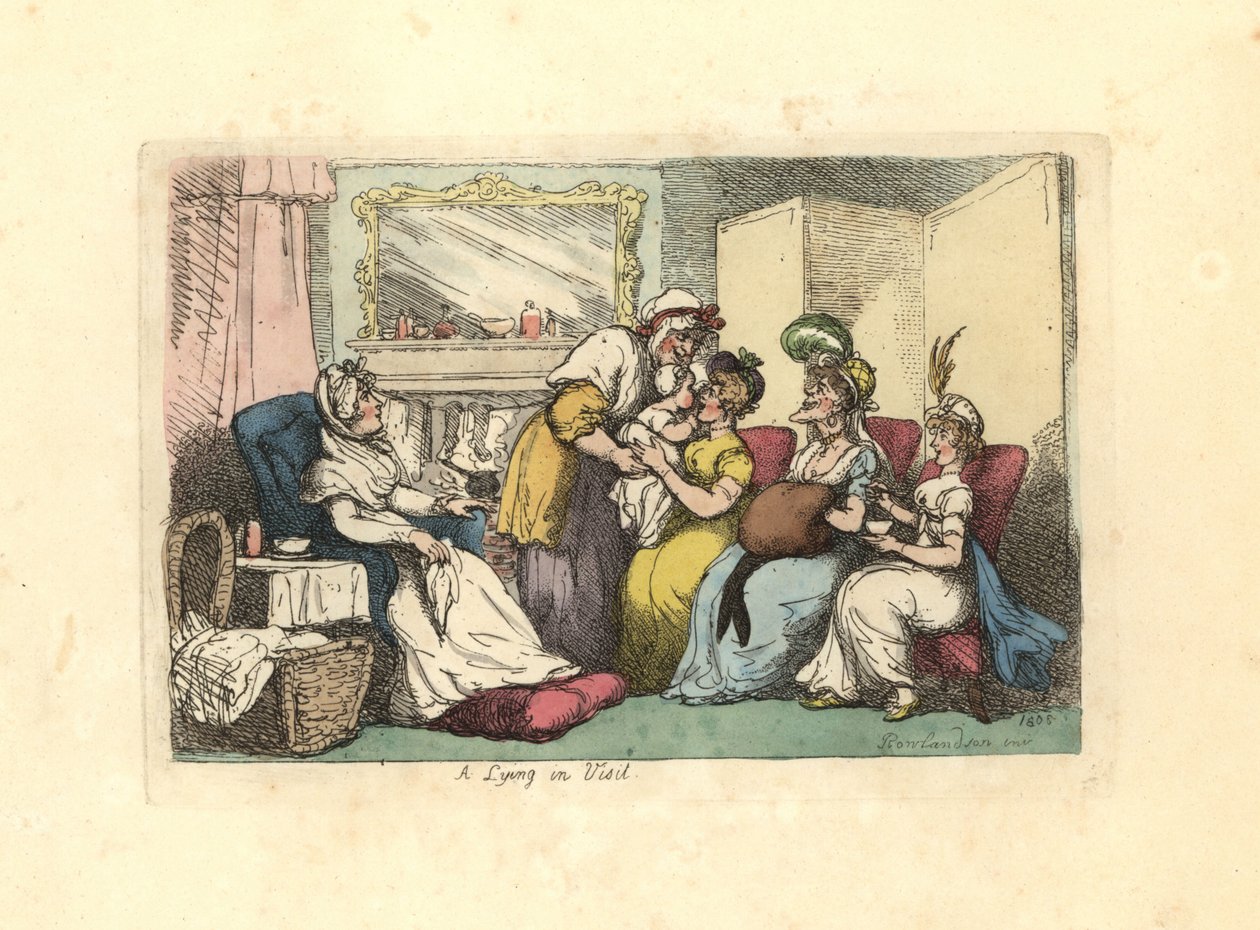 Yeni doğmuş bebeği olan anne bir salonda birkaç kadın tarafından ziyaret edildi. by Thomas Rowlandson