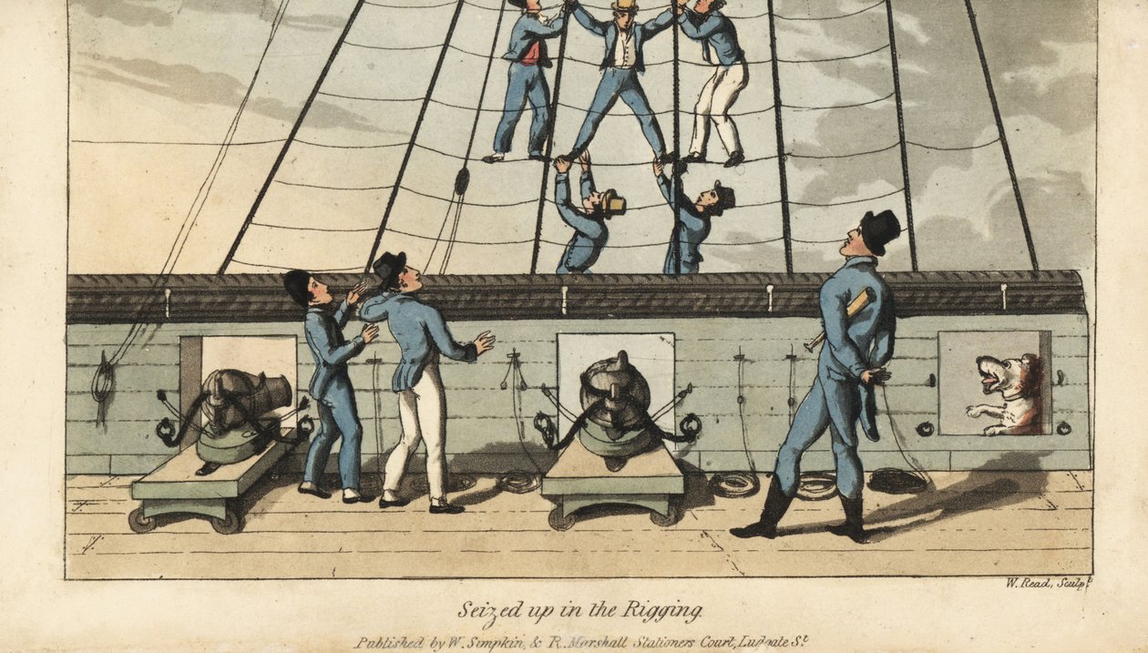 Deniz geçiş ayini: Johnny, denizciler tarafından armada ele geçirilir ve dağılır. W. tarafından elle boyanmış bakır levha gravür, Thomas Rowlandson