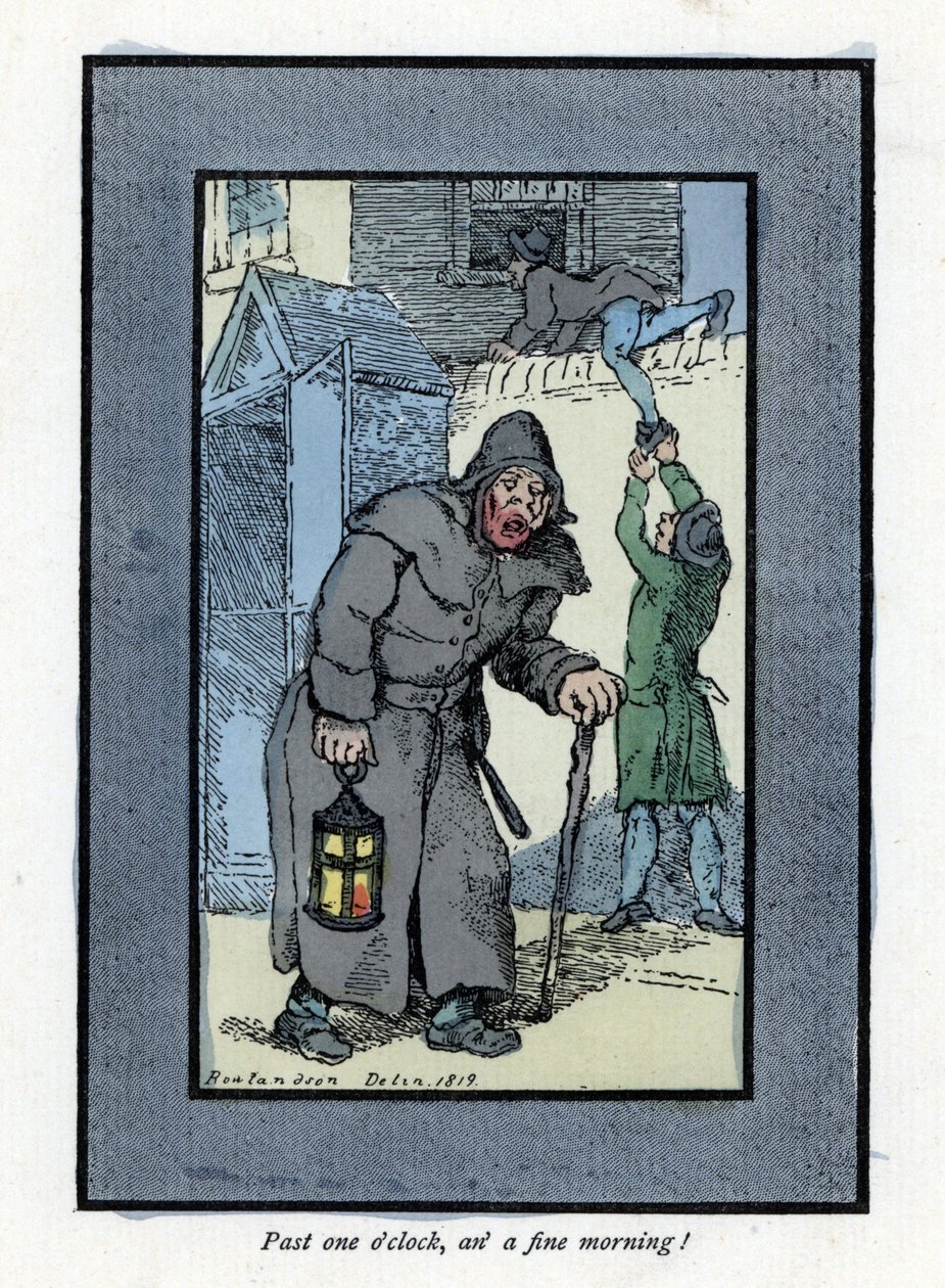 Elinde feneri ve sopasıyla gece bekçisi, arkasından bir eve giren iki hırsıza aldırmadan (1819). The Cris of London
