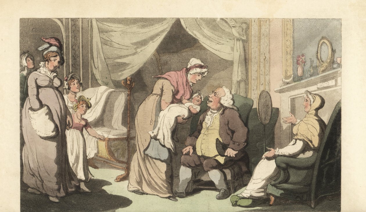 Yaşlı bir adam ve kadına bir bebek gösteren hemşire by Thomas Rowlandson