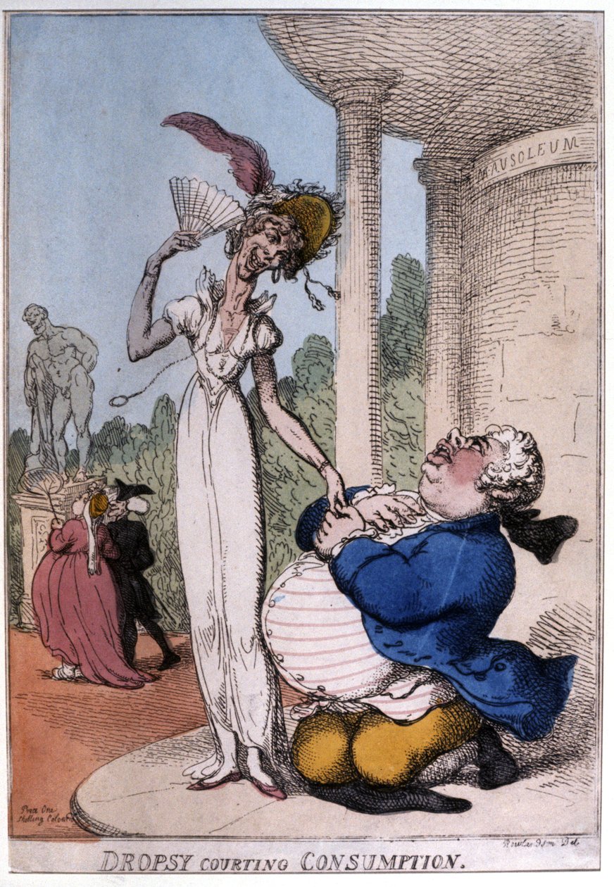 Bir tüberküloz hastasına kur yapan obez adam: ödem ve verem, 19. yüzyılın başları (karikatür) by Thomas Rowlandson