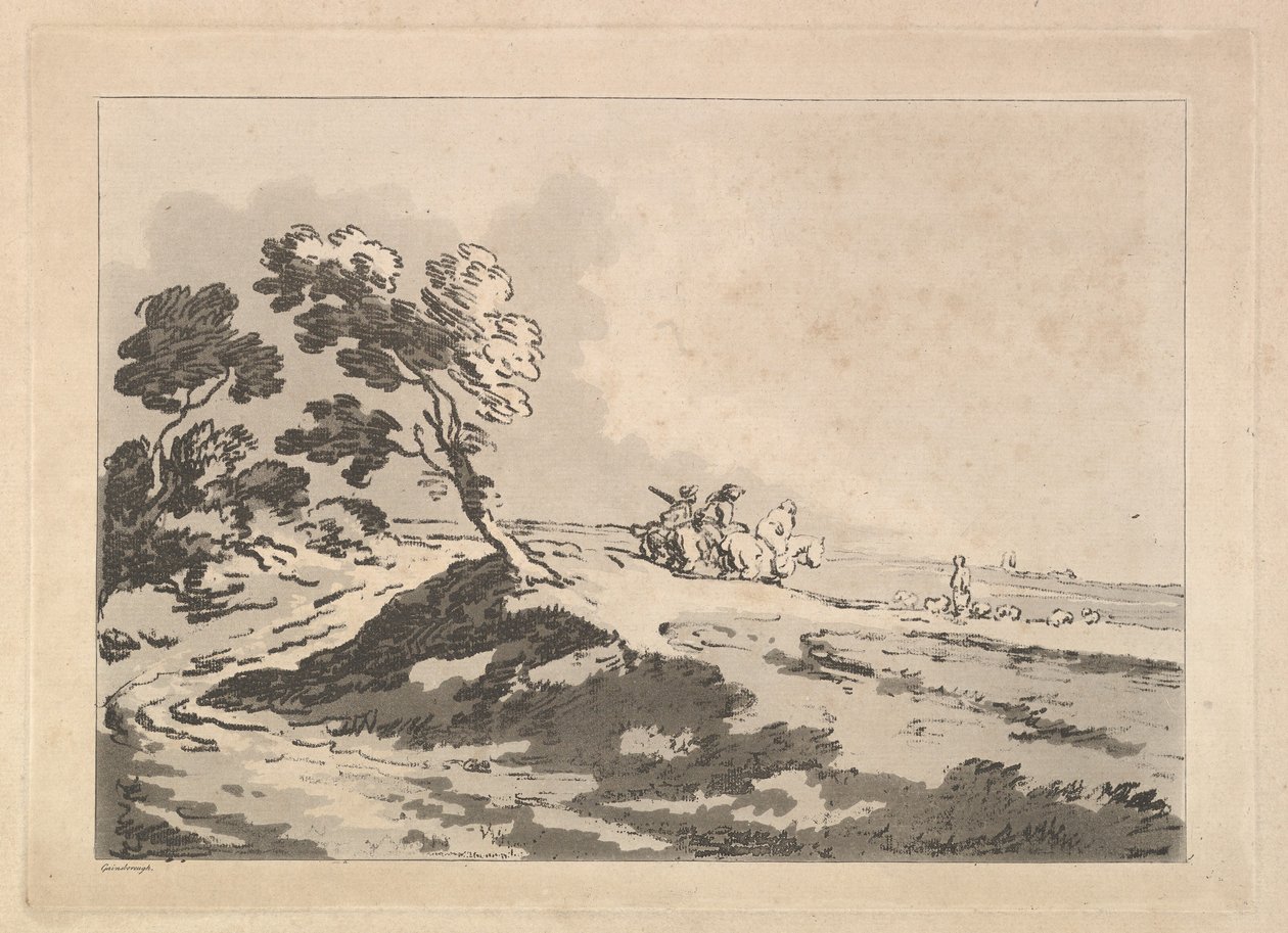 Sağa Yönelik Orta Mesafede Üç Atlı ile Açık Peyzaj, Windblo..., 1784-88. by Thomas Rowlandson